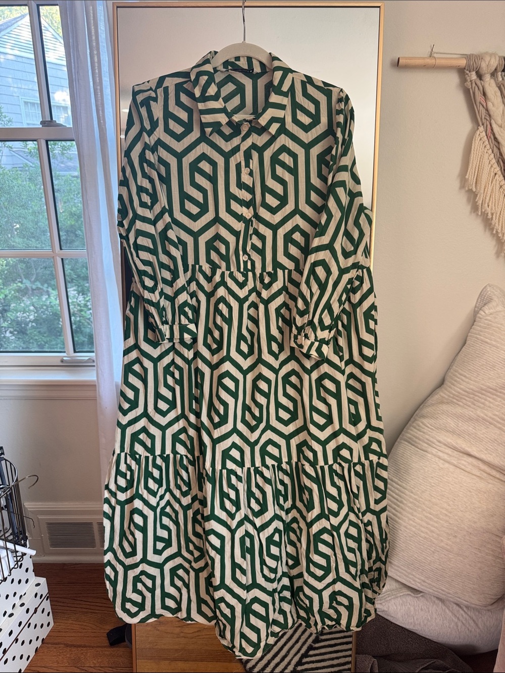 Zara Green and Cream Geometric 3/4 Sleeve Midi Dress, size XXL